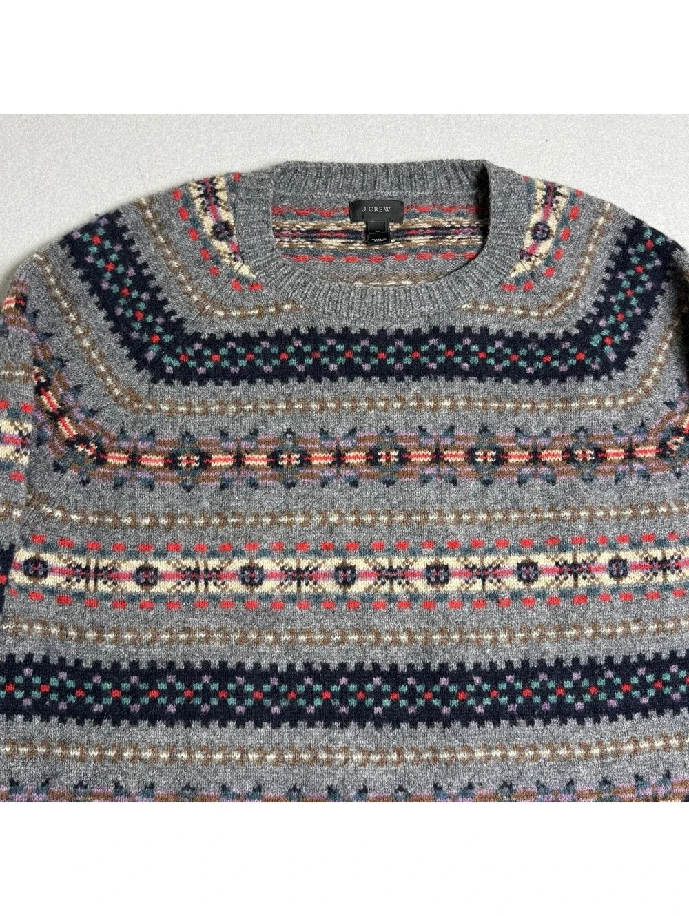 J.CREW 100% Lambswool Sweater Sz M Men's Grey Crewneck Pullover Nordic Fair Isle